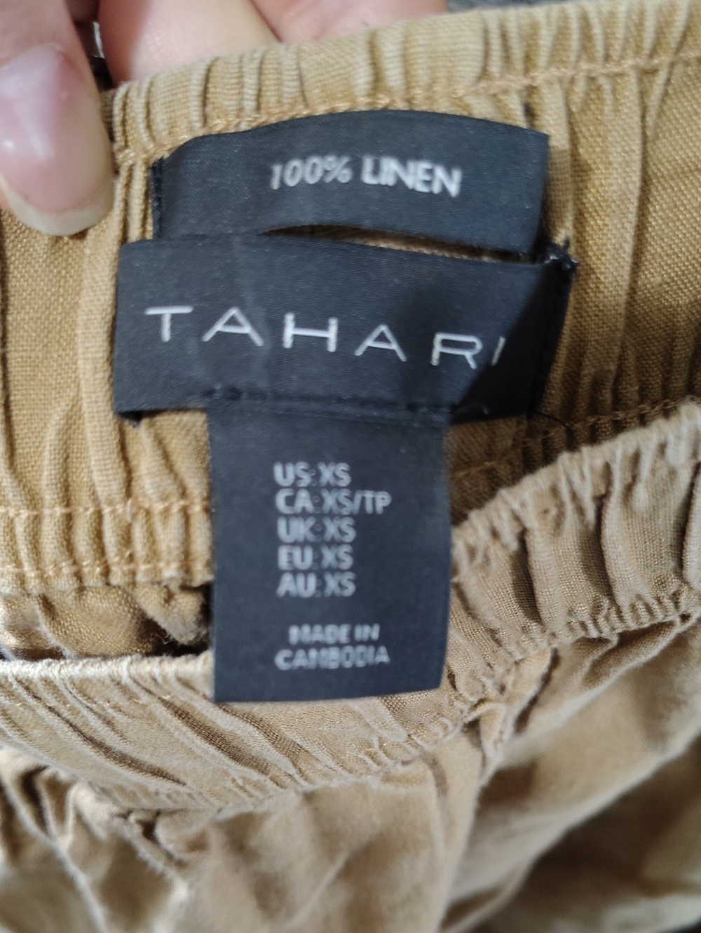 Tahari Tan Elastic-Waist 100% Linen Pants